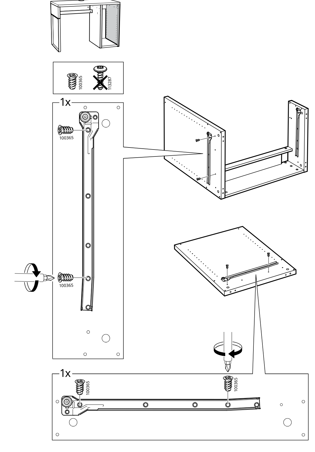 Diagram for step 42: Attach the drawer runners to the side panel and bottom panel using screw 100365, using the shorter screw instead of 113287 and tightening with a screwdriver.