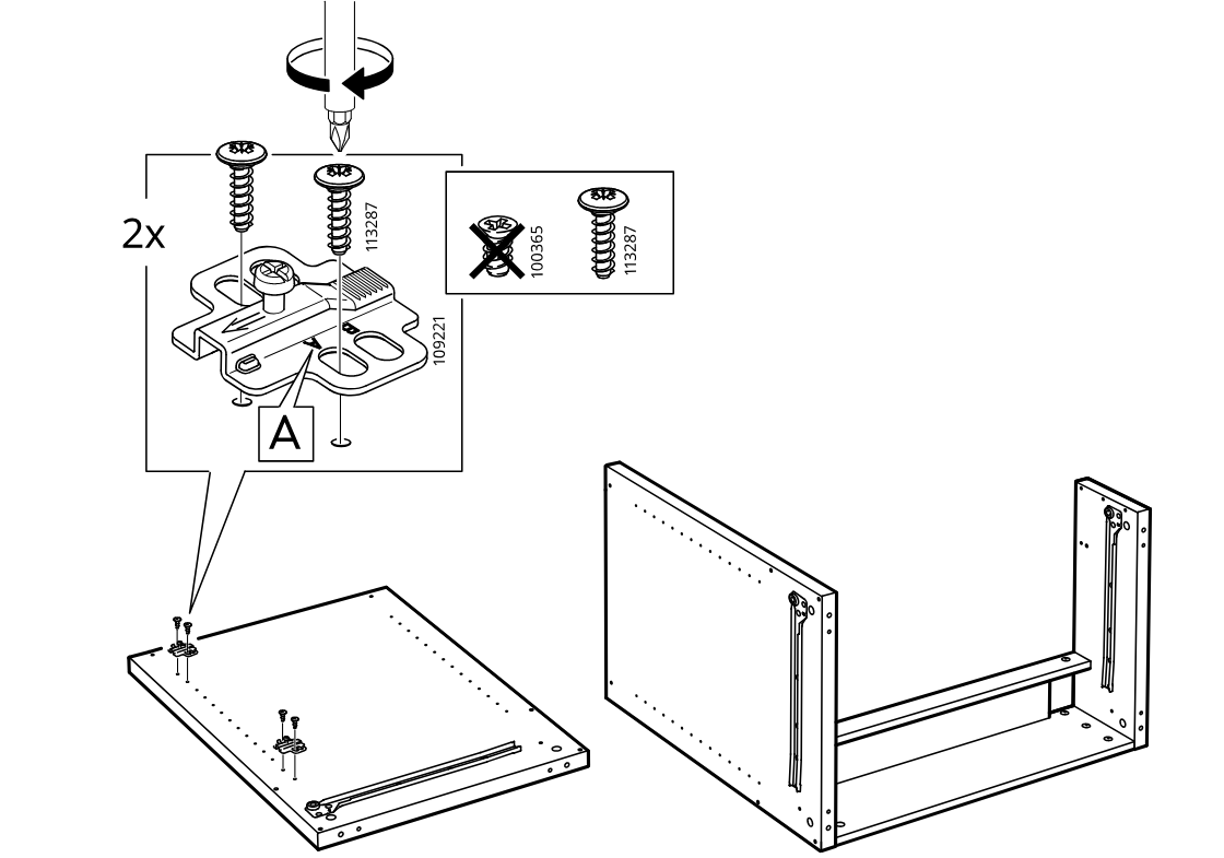 Diagram for step 43: Screws the two mounting plates onto panel A using the indicated screws, then positions the prepared panel next to the frame assembly.