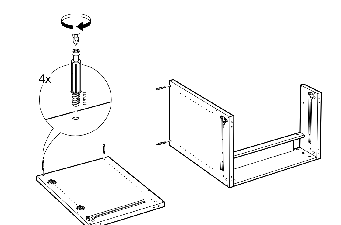 Diagram for step 44: Screws four connector bolts into the panel and aligns the panel with the side frame for attachment.
