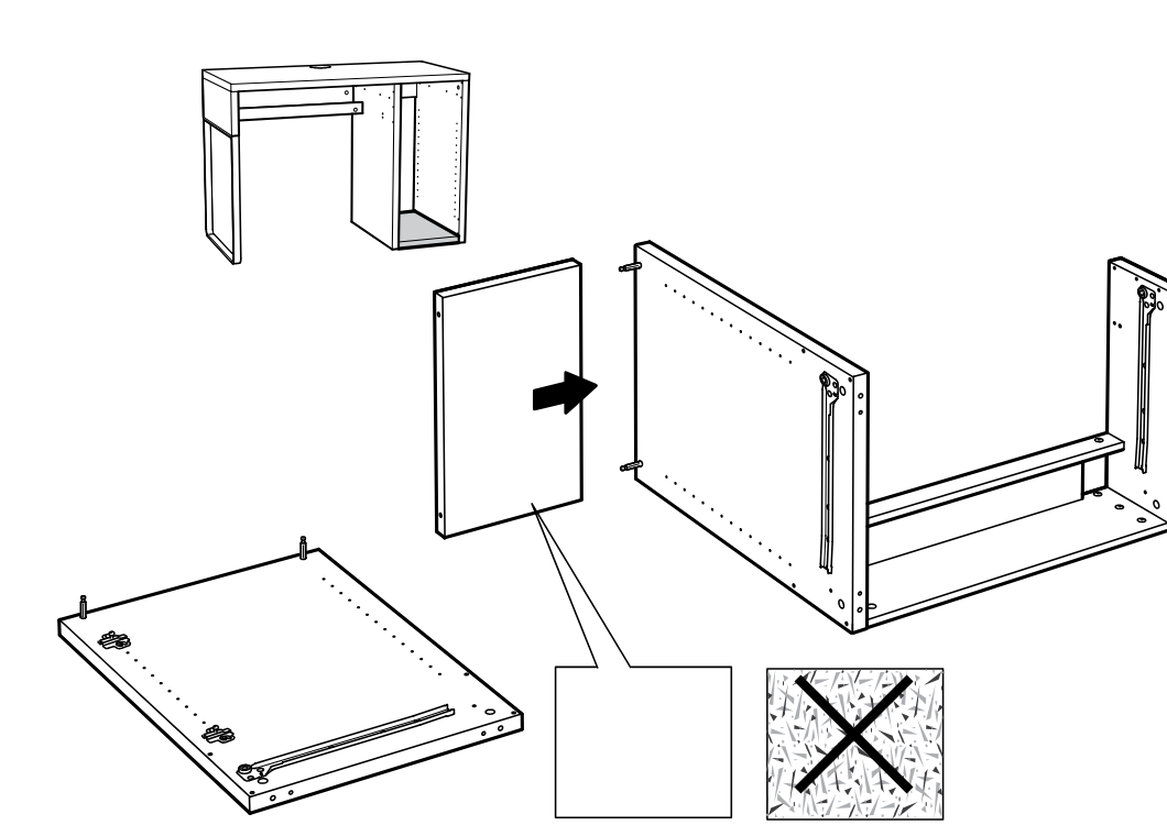 Diagram for step 45: Attach the side panel to the frame, aligning it with the dowels, and note that the unfinished chipboard face orientation shown with an X is not allowed.