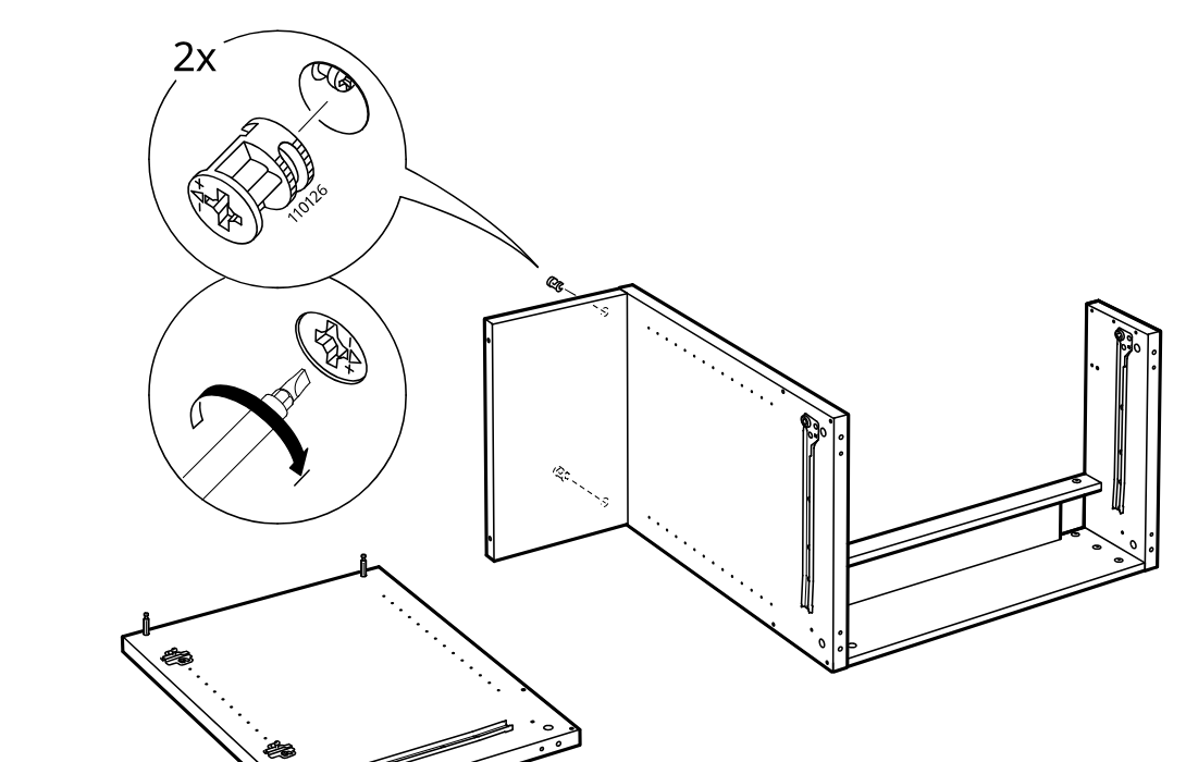 Diagram for step 46: Insert and tighten two cam locks into the newly attached side panel to secure it to the frame.
