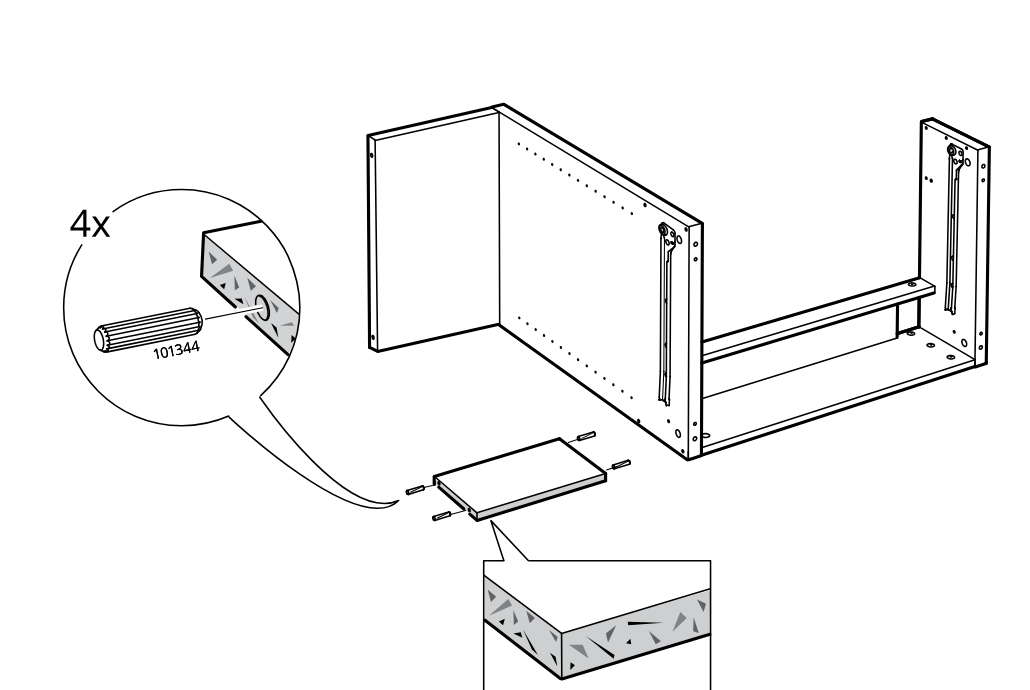 Diagram for step 47: Insert four wooden dowels into the small shelf panel and position it to slide into the cabinet frame, with the close-up showing the patterned edge orientation.