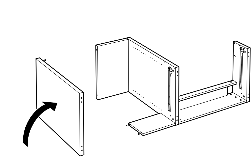 Diagram for step 48: Lift the large side panel and align it onto the exposed dowels and cabinet frame to close the assembly side.
