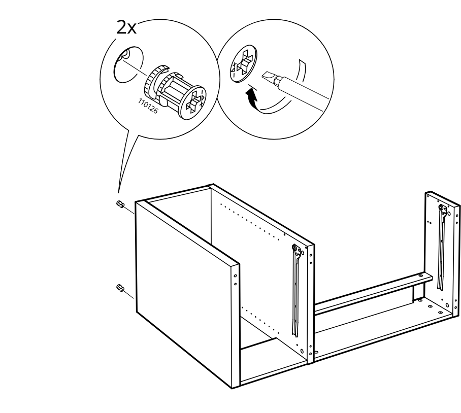 Diagram for step 49: Insert two cam locks into the side panel holes and tighten them with a screwdriver.