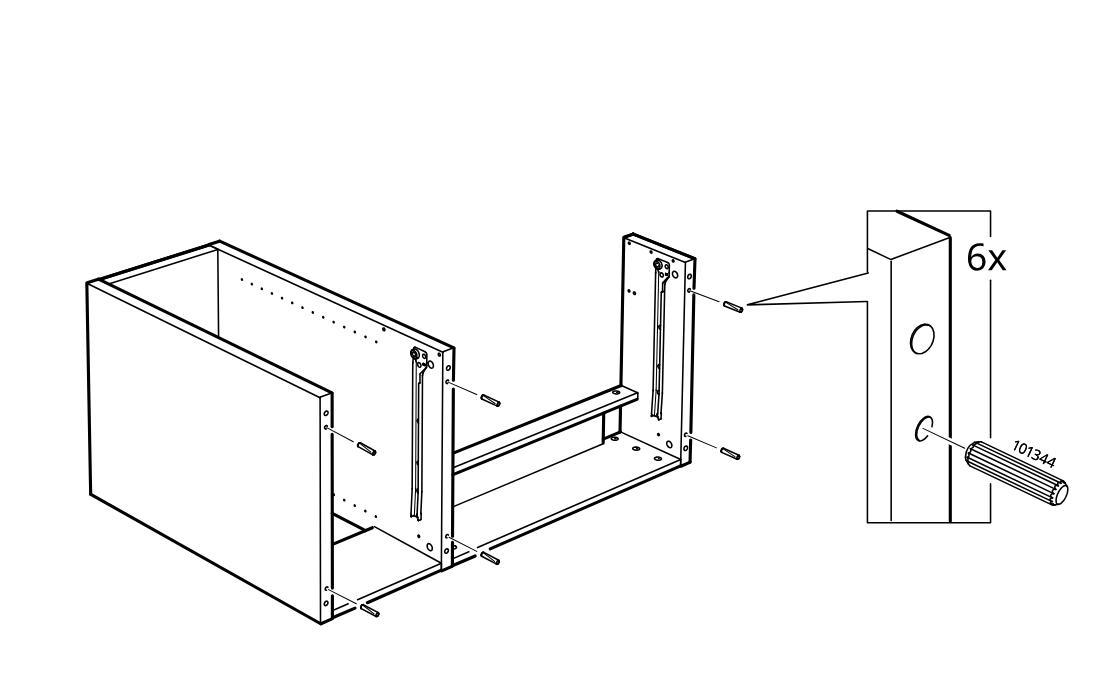 Diagram for step 50: Insert six wooden dowels into the marked holes on the cabinet side and divider panels.