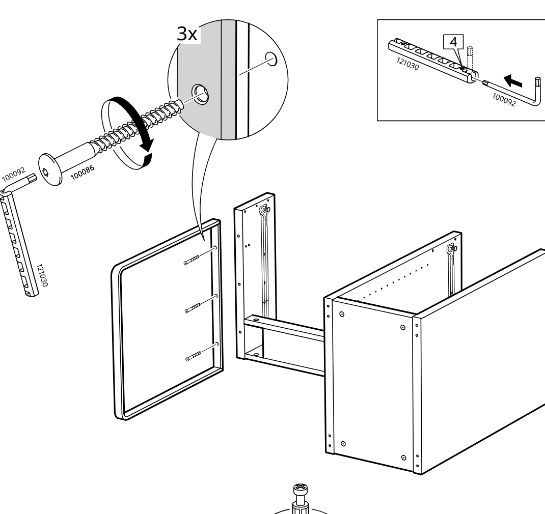 Diagram for step 51: Tighten three connectors to attach the side panel/frame assembly to the cabinet using the hex key, with the inset showing the key fitting into part 121030.