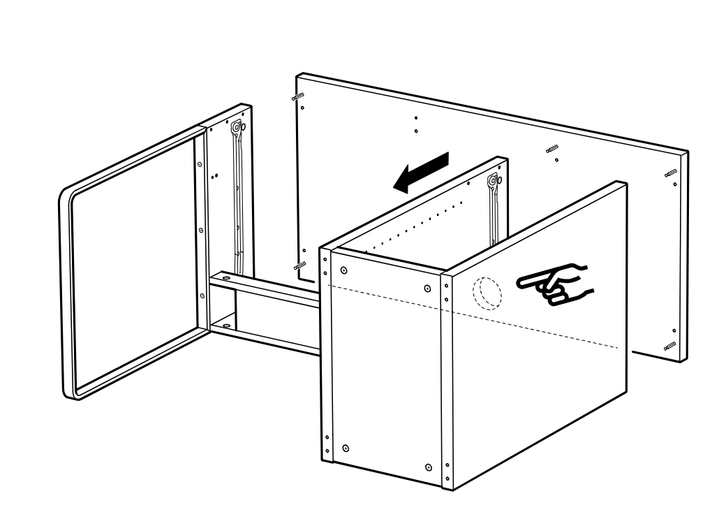 Diagram for step 53: The large side panel is aligned and pushed onto the cabinet frame and side assembly.