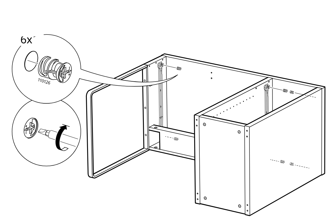 Diagram for step 54: Six cam locks labeled 110126 are inserted into the side panel holes and turned to secure the cabinet together.