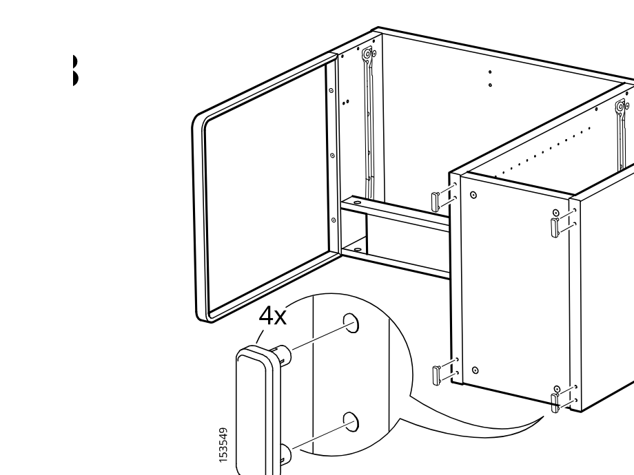 Diagram for step 55: Attach four bumper pads to the side panel and fit the panel onto the cabinet frame using the side connectors.
