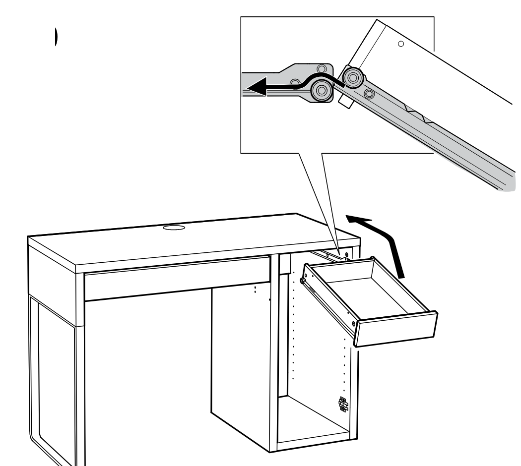 Diagram for step 57: The drawer is tilted up and inserted onto the cabinet runners, with a zoom callout showing the slide mechanism engaging.