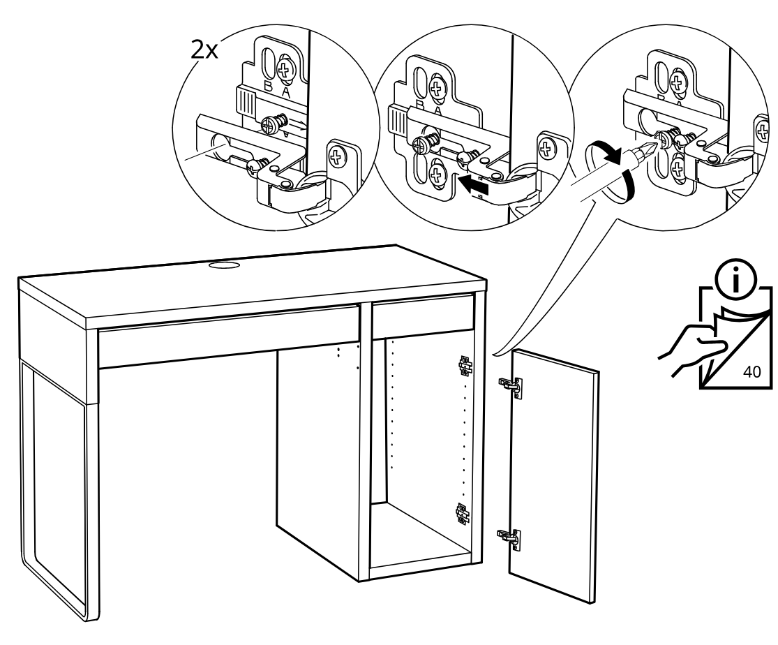 Diagram for step 59: Adjust the two door hinges on the cabinet door using the hinge screws and refer to page 40 for more detail.