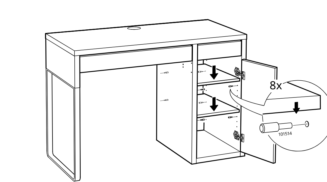Diagram for step 60: Place the eight shelf supports (part 101514) into the side holes and lower the shelves into the cabinet.