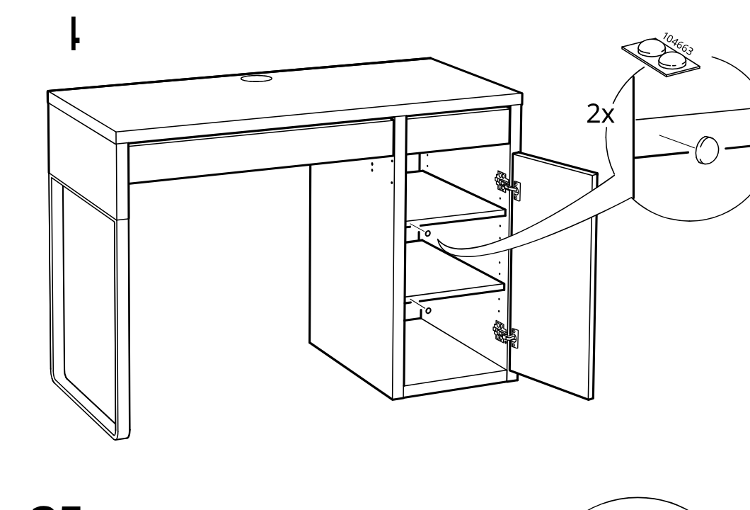 Diagram for step 61: Open the cabinet door and place two adhesive bumpers inside on the indicated side panel positions.