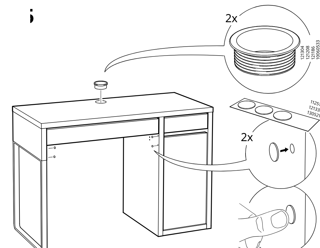 Diagram for step 62: Insert the desk cable grommet into the top hole and press two cover caps into the exposed side holes.