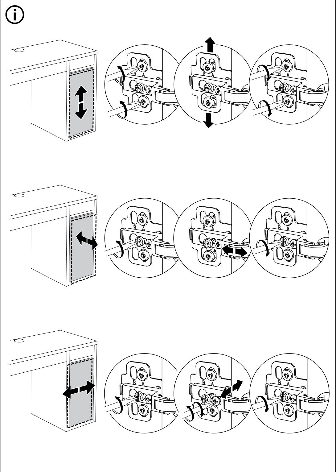 Illustration for assembly note: Adjustment reference panel showing how to align the door front by changing height, side position, and depth at the hinge screws.