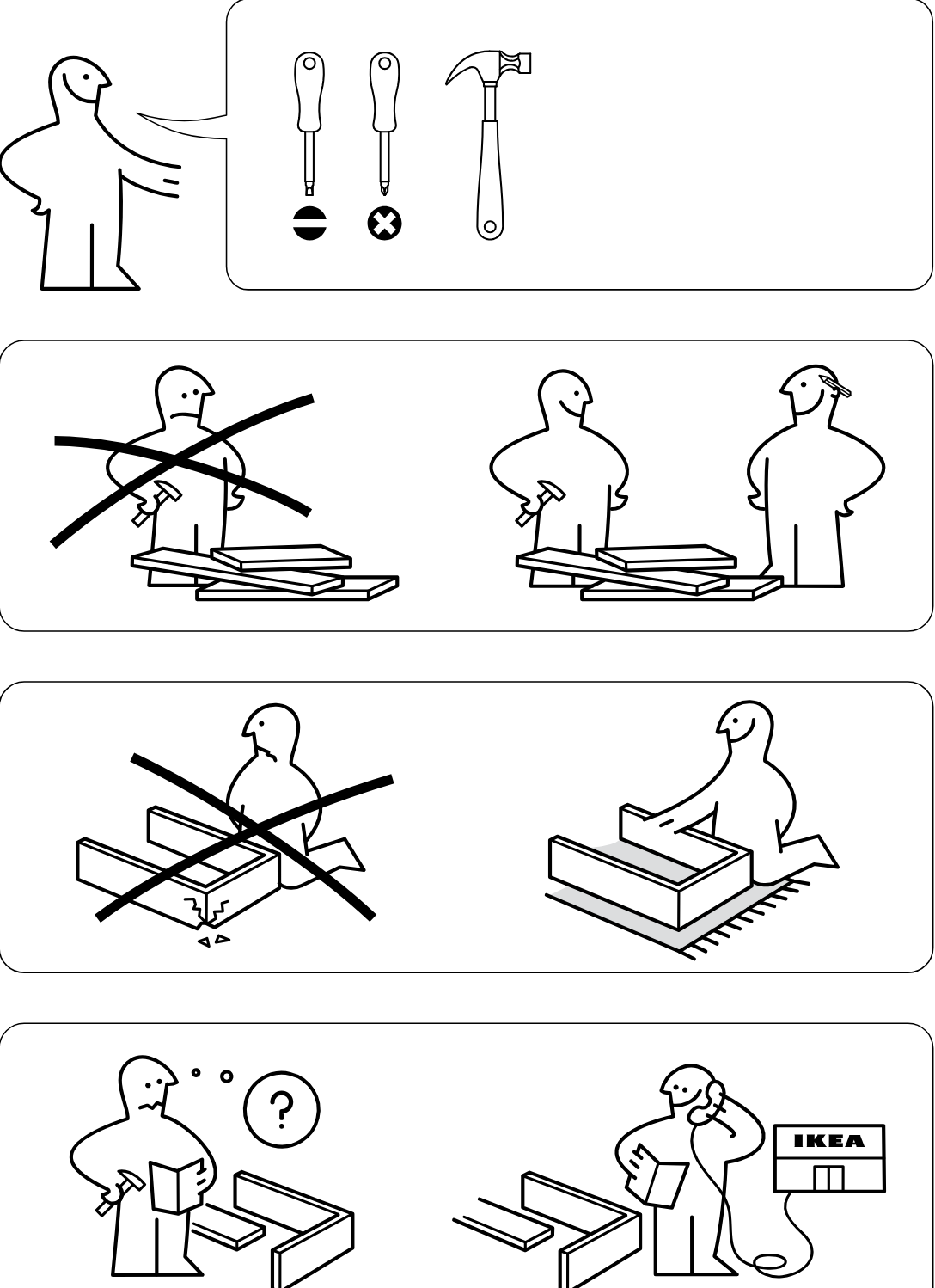 Illustration for assembly note: Preparation and safety panels show required tools, recommend two people for assembly, warn against assembling on a hard surface, and advise contacting IKEA if parts are missing or unclear.