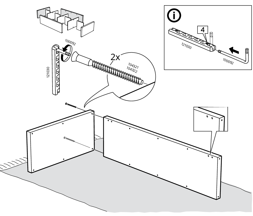Diagram for step 1: Two screws are inserted into the side panels, with a support panel showing how to fit part 4 into rail 121030 using tool 100092 and a zoom inset identifying screws 104321/104322.