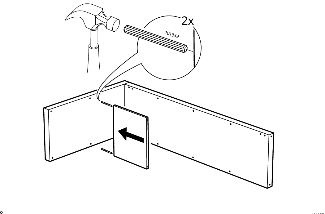 Diagram for step 2: Two dowels 101339 are hammered into the side panels and a center divider panel is slid into place between them.