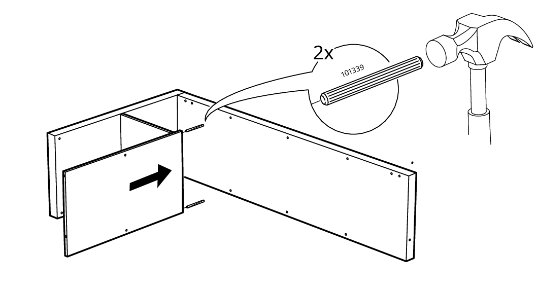Diagram for step 3: A divider panel is slid onto two dowels between the left side and the long side panel, then two 101339 wooden dowels are tapped in with a hammer.