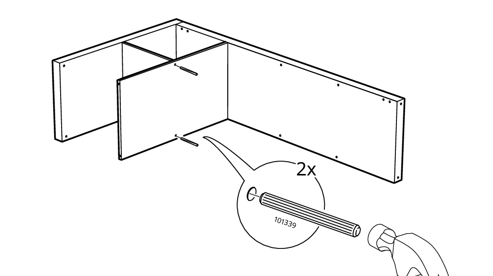 Diagram for step 4: Two 101339 wooden dowels are hammered into the exposed edge holes of the installed divider panel.