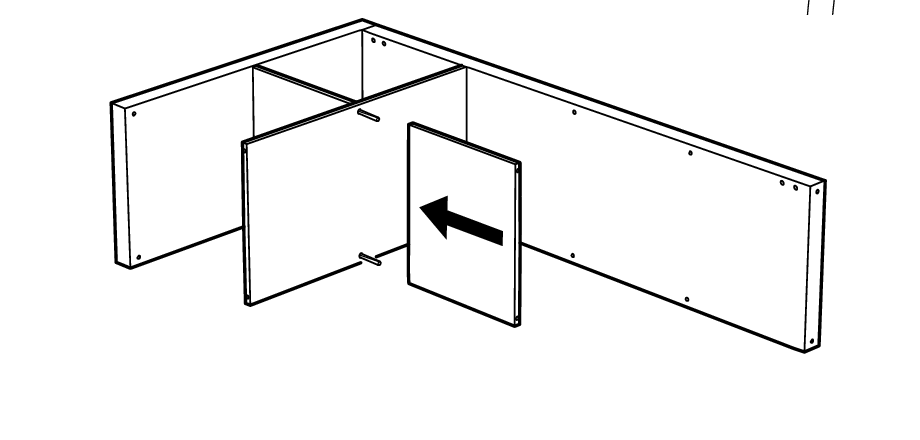 Diagram for step 5: A second divider panel is slid leftward onto the two dowels to form the next compartment.