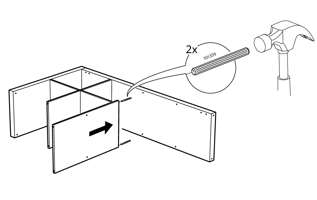 Diagram for step 6: The panel is slid into the frame and two wooden dowels labeled 101339 are driven in with a hammer.