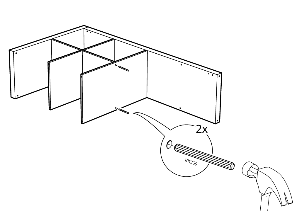 Diagram for step 7: A second panel is positioned in the frame and two more wooden dowels labeled 101339 are hammered into place.