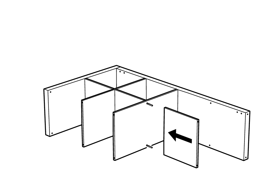 Diagram for step 8: A vertical divider panel slides left into the cabinet frame between the existing partitions and dowels.