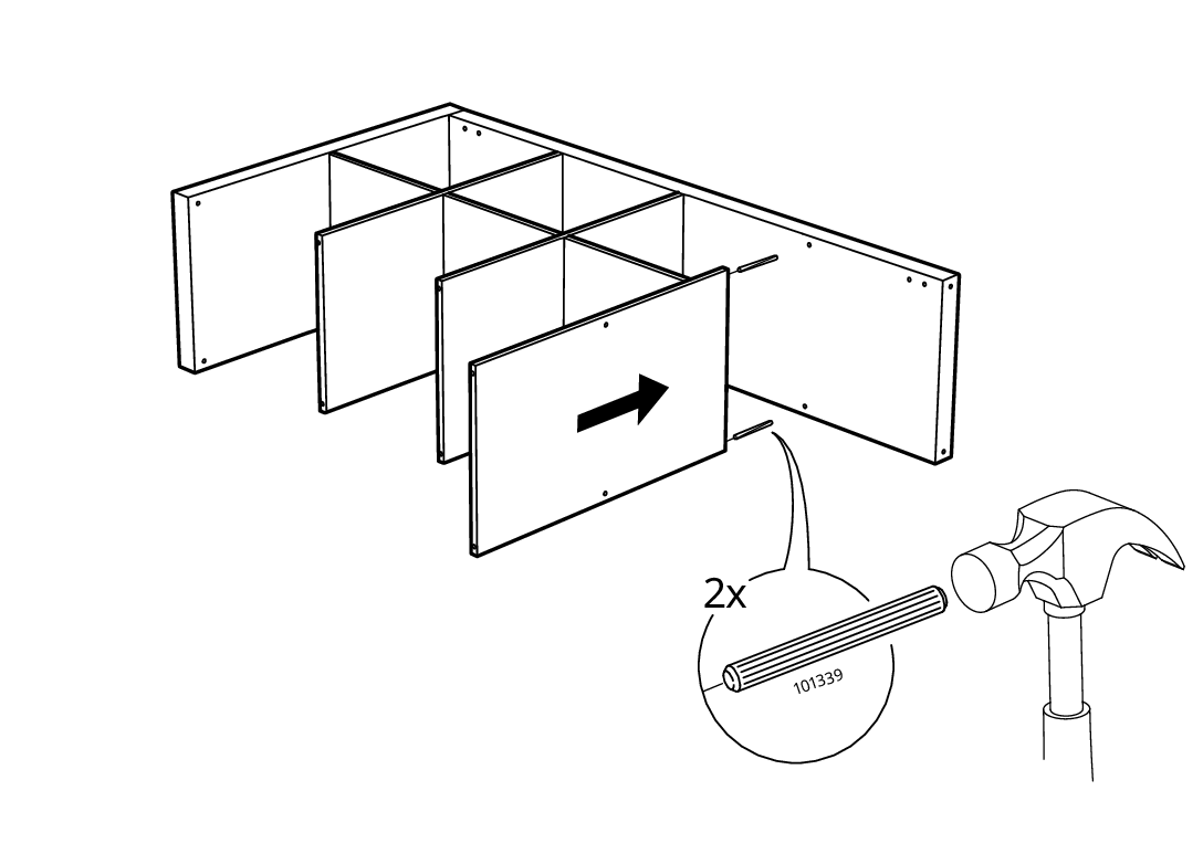Diagram for step 9: A larger panel slides right into the frame and two 101339 pins are tapped in with a hammer.