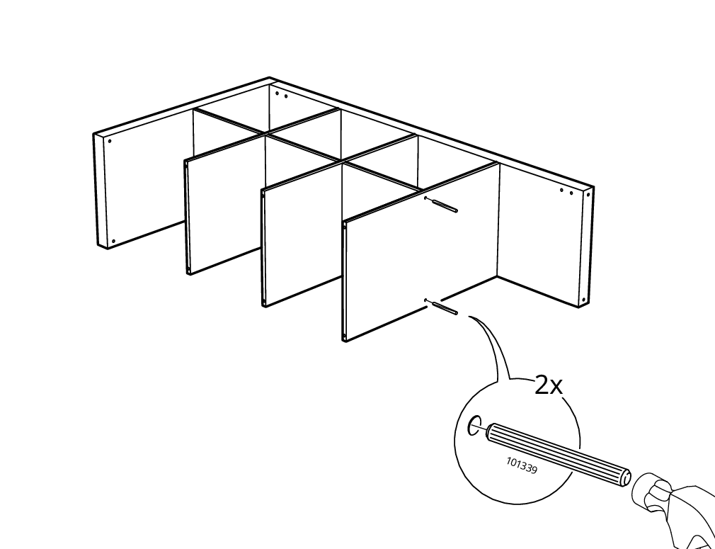 Diagram for step 10: Two dowels are hammered into the right side of the cabinet frame and the zoom callout shows part 101339 with a hammer, marked 2x.