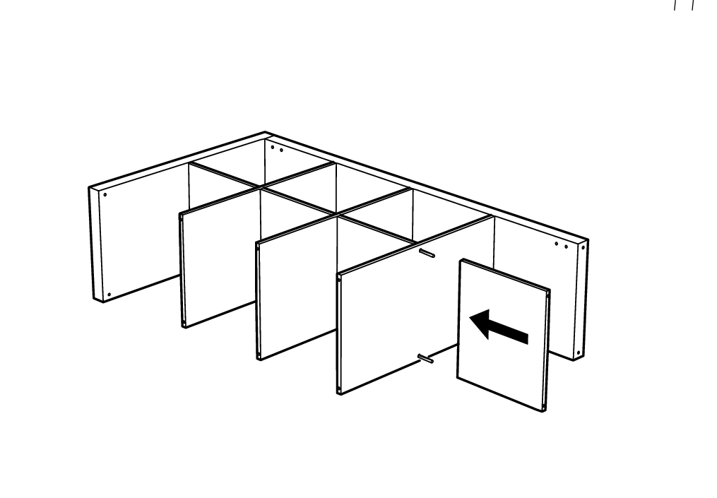 Diagram for step 11: A narrow panel is slid leftward onto the two exposed dowels at the right side of the cabinet frame.