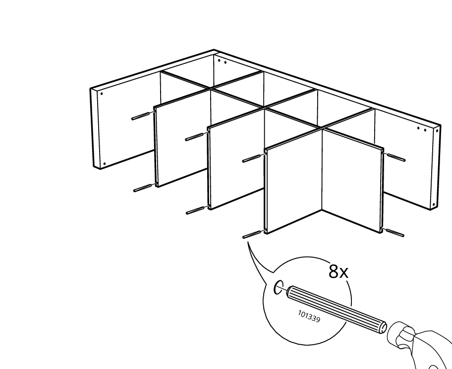 Diagram for step 12: The dividers are assembled between the side panels, and eight wooden dowels labeled C (101339) are hammered into the exposed side holes.