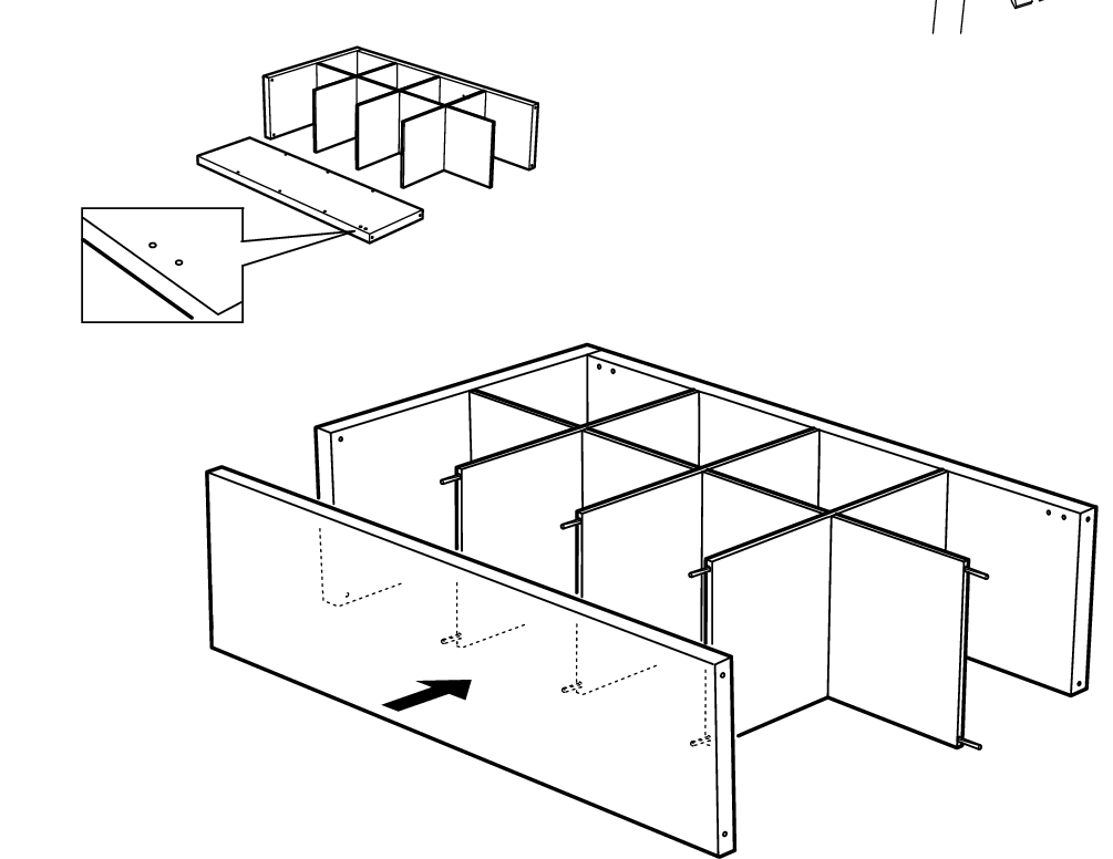 Diagram for step 13: The long outer panel is aligned using the hole pattern and pushed onto the protruding dowels on the divider assembly.