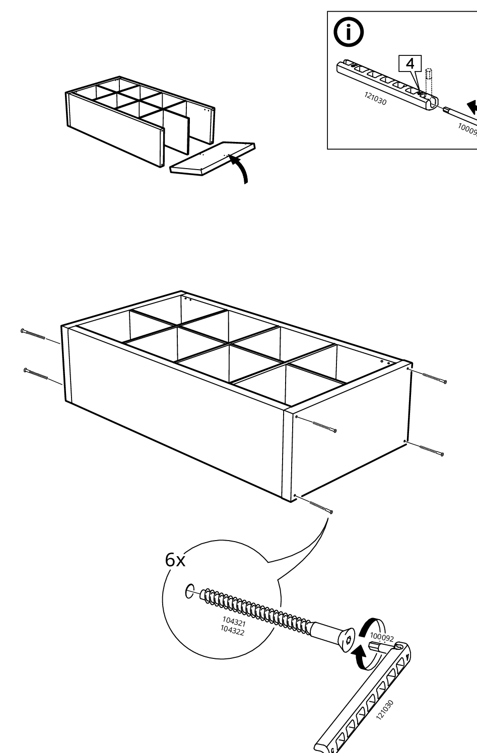 Diagram for step 14: The side panel is attached to the storage frame with six long screws, using the slotted tool with the hex key inserted, while a free-standing info panel shows how to assemble the tool first.