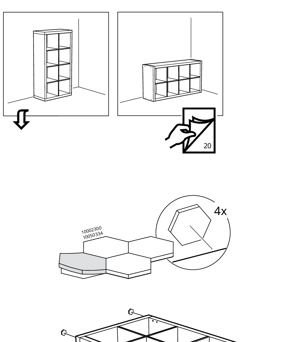 Diagram for step 15: The unit is laid horizontally, four adhesive floor protectors (part numbers 10002300/10050334) are applied to the side that will face down, and the page-turn icon indicates continuing to the next page.