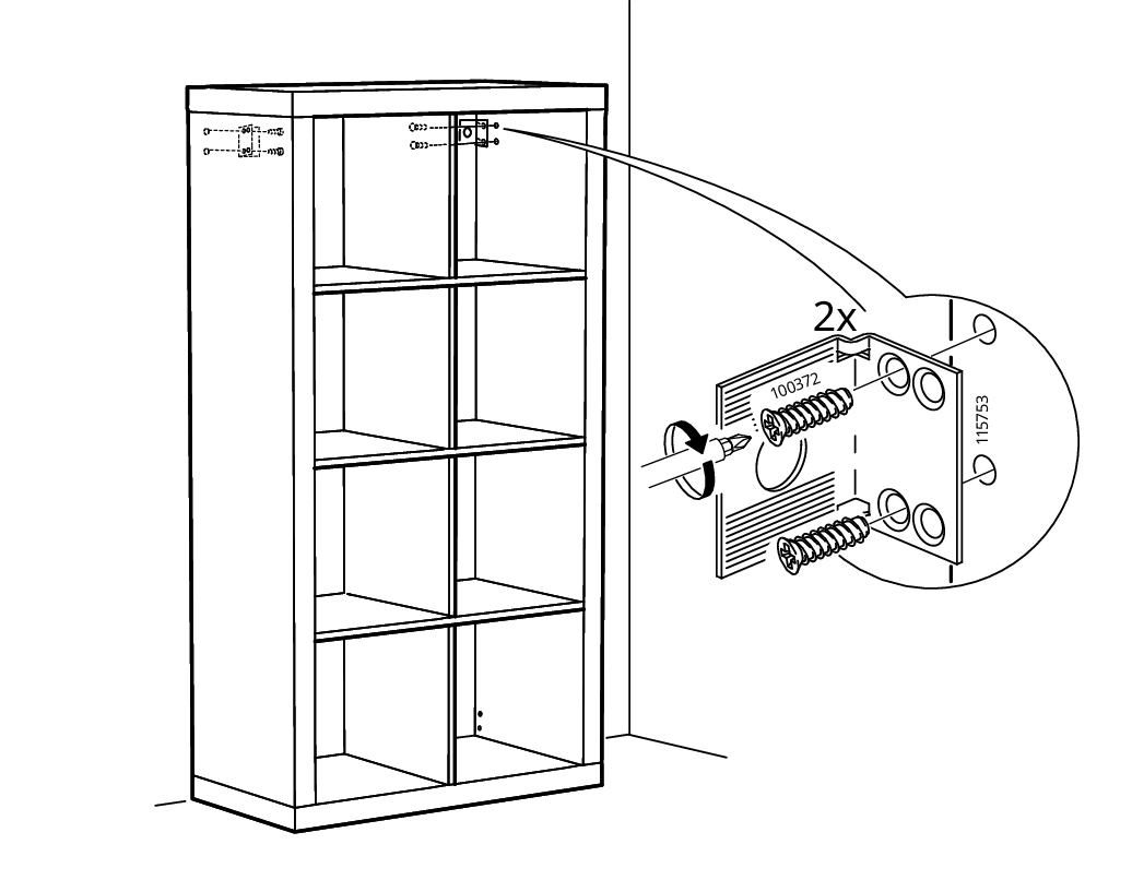 Diagram for step 16: The cabinet is secured to the wall at the top inside corner using two screws through the wall-fixing bracket, with a zoom callout showing parts 100372 and 115753.
