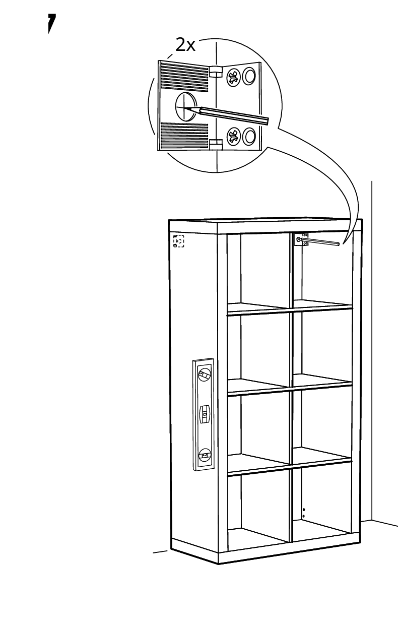 Diagram for step 17: The cabinet is adjusted by turning two cam fittings with a screwdriver at the top inside corner, shown with a zoomed inset and 2x label.