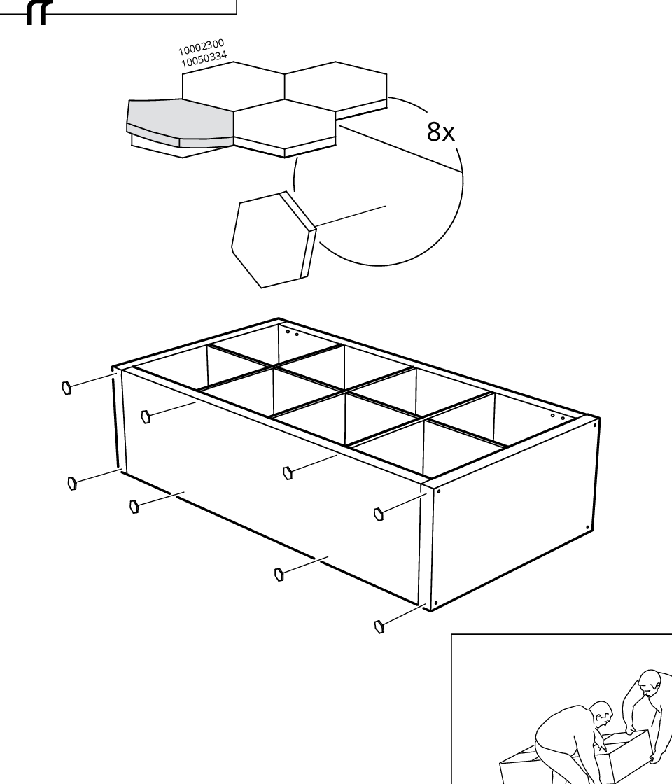 Diagram for step 19: The cabinet is laid on its back and eight feet or pads labeled 10002300/10050334 are attached to the underside while a two-person lift reminder is shown.