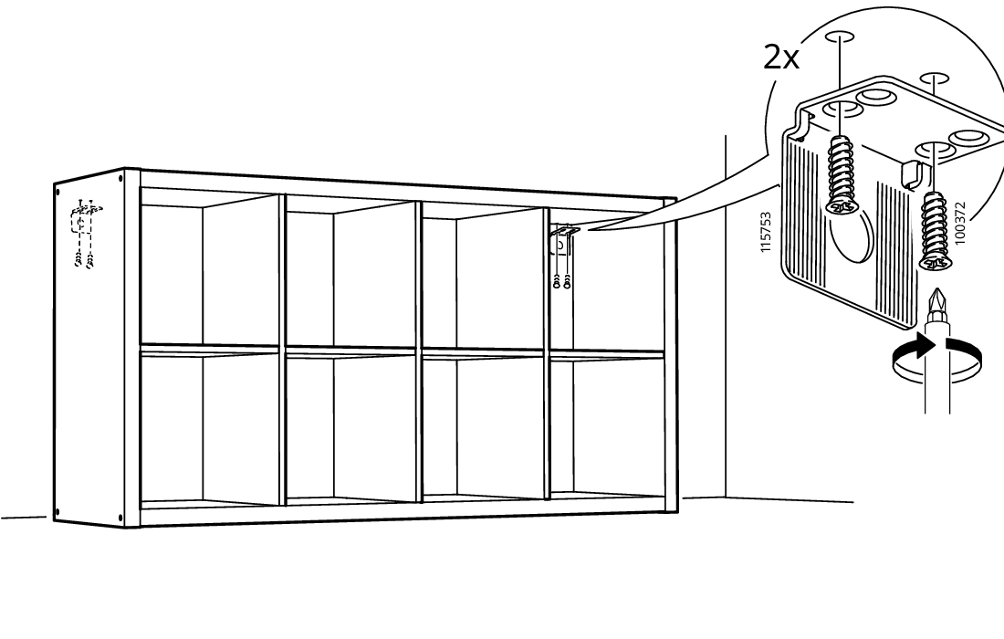 Diagram for step 20: The cabinet is laid on its back and a wall-fixing bracket is attached inside the upper corner with 2 screws and tightened with a screwdriver.
