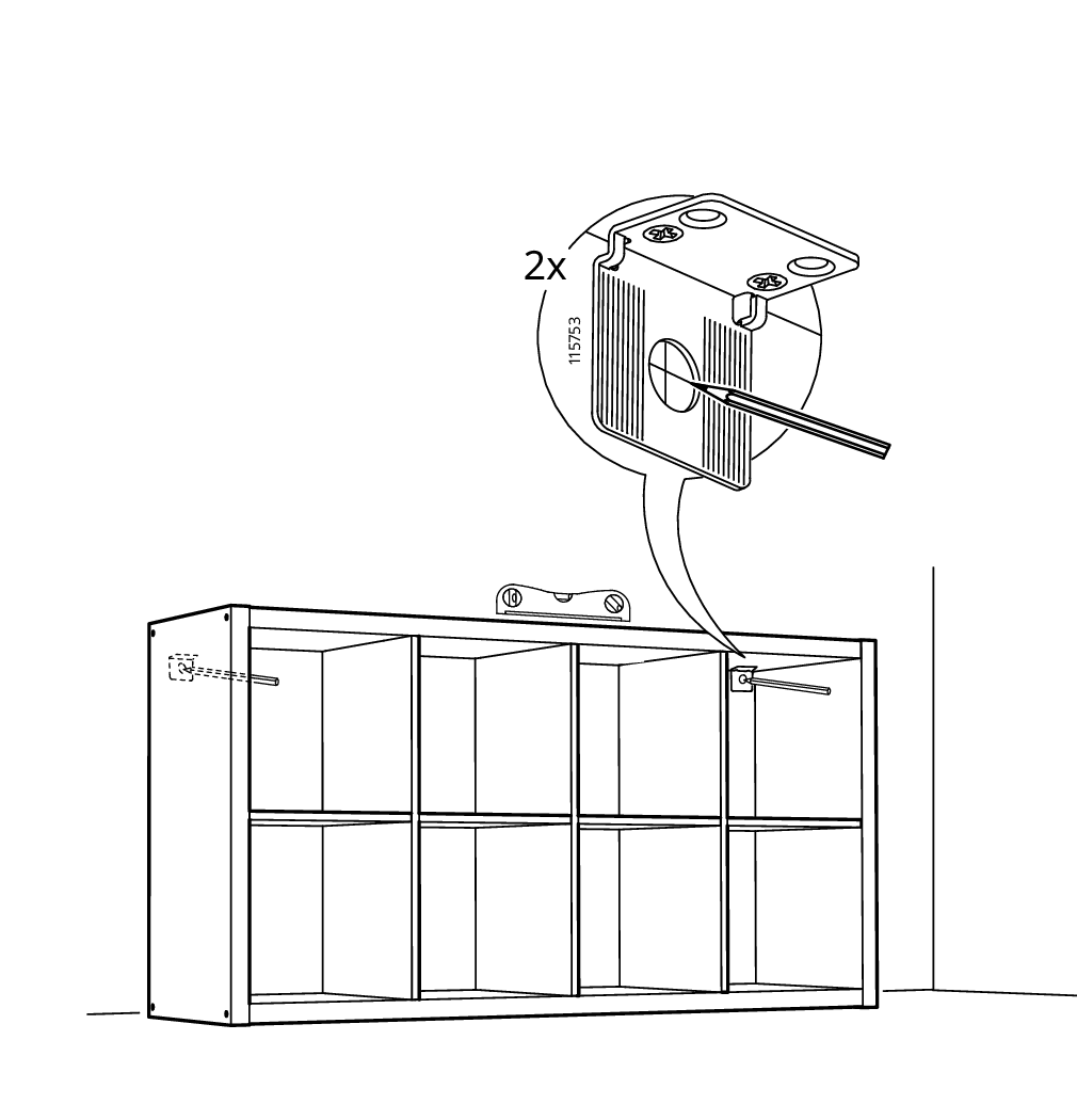 Diagram for step 21: Two wall fasteners 115753 are screwed into the cabinet side panels through the interior near the top to secure the unit against the wall.