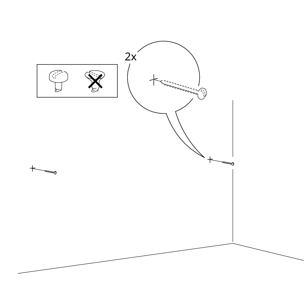 Diagram for step 22: Two screws are installed into the wall at marked points, with a zoom callout showing the screw detail and an inset indicating the correct wall plug orientation.