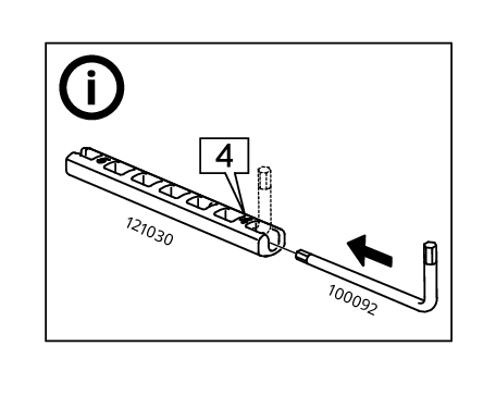 Illustration for assembly note: A circled-i panel shows inserting the hex key 100092 into tool 121030 and indicates using it in position 4.