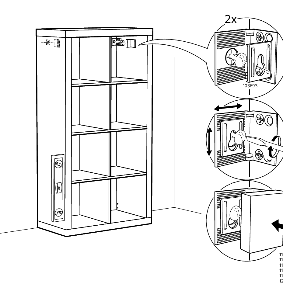 Illustration for assembly note: Standalone reference panel showing how to adjust and attach the wall suspension fitting: use 2x part 103693, slide and turn the bracket adjustment, then hang the cabinet on compatible rail/bracket systems 115754, 118673, 118225, 119509, 118814, and 121184.