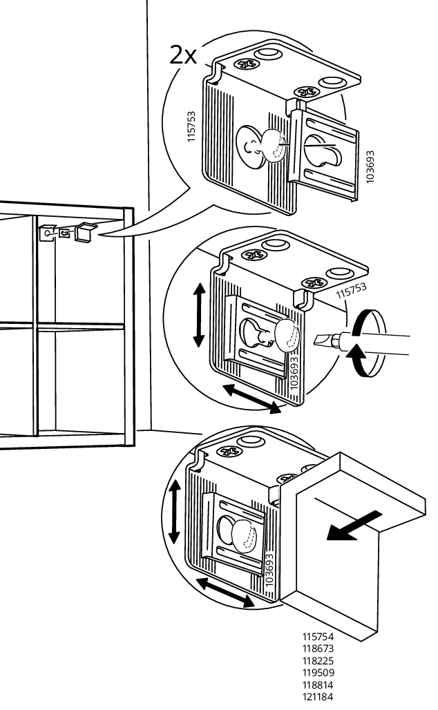 Illustration for assembly note: Adjustment panel shows installing two suspension brackets (115753 and 103693), then loosening/turning the cam to adjust the cabinet up/down and side-to-side before sliding the cabinet onto the wall rail; applies to article numbers 115754, 118673, 118225, 119509, 118814, and 121184.