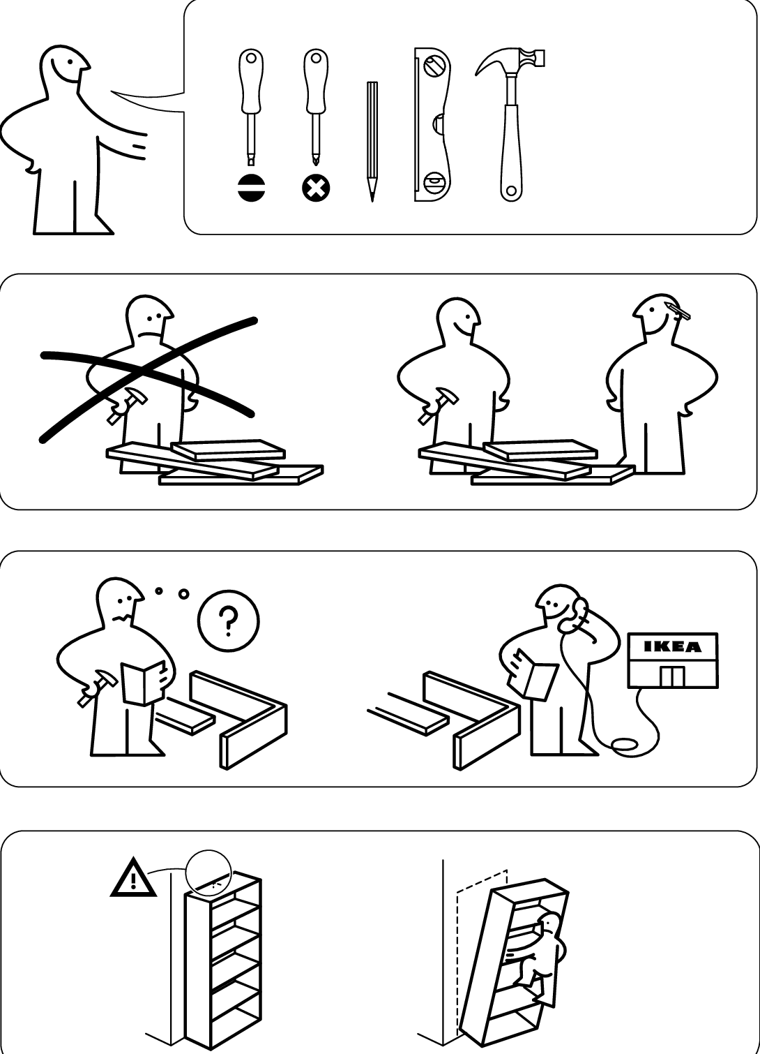 Illustration for safety warning: Four stacked preparation and safety panels show required tools, that assembly should be done by two people, to read or call IKEA for help if needed, and a tip-over warning to anchor the shelving unit to the wall.
