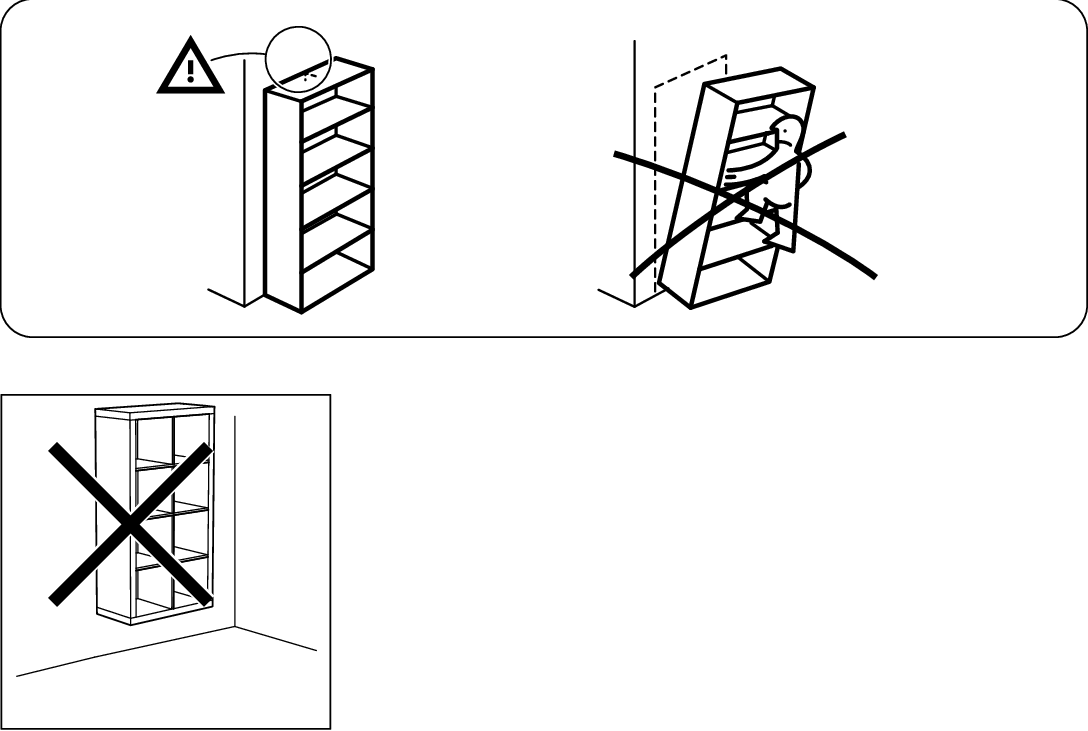 Illustration for safety warning: Safety panels show the shelving unit must be attached to the wall and must not be climbed on or used free-standing; a separate panel shows the unit crossed out when placed unsupported in a corner.