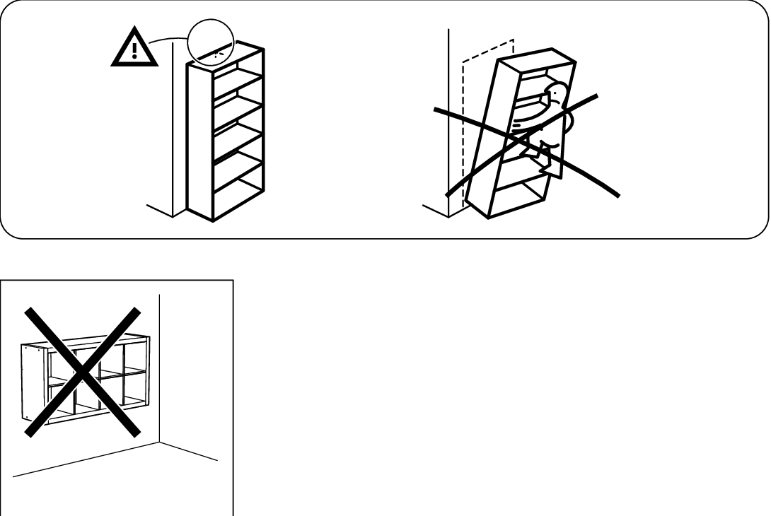 Illustration for safety warning: Top safety/preparation panels show the tall unit must not be left freestanding or climbed on, and the lower panel shows the unit must not be wall-mounted sideways/horizontally.