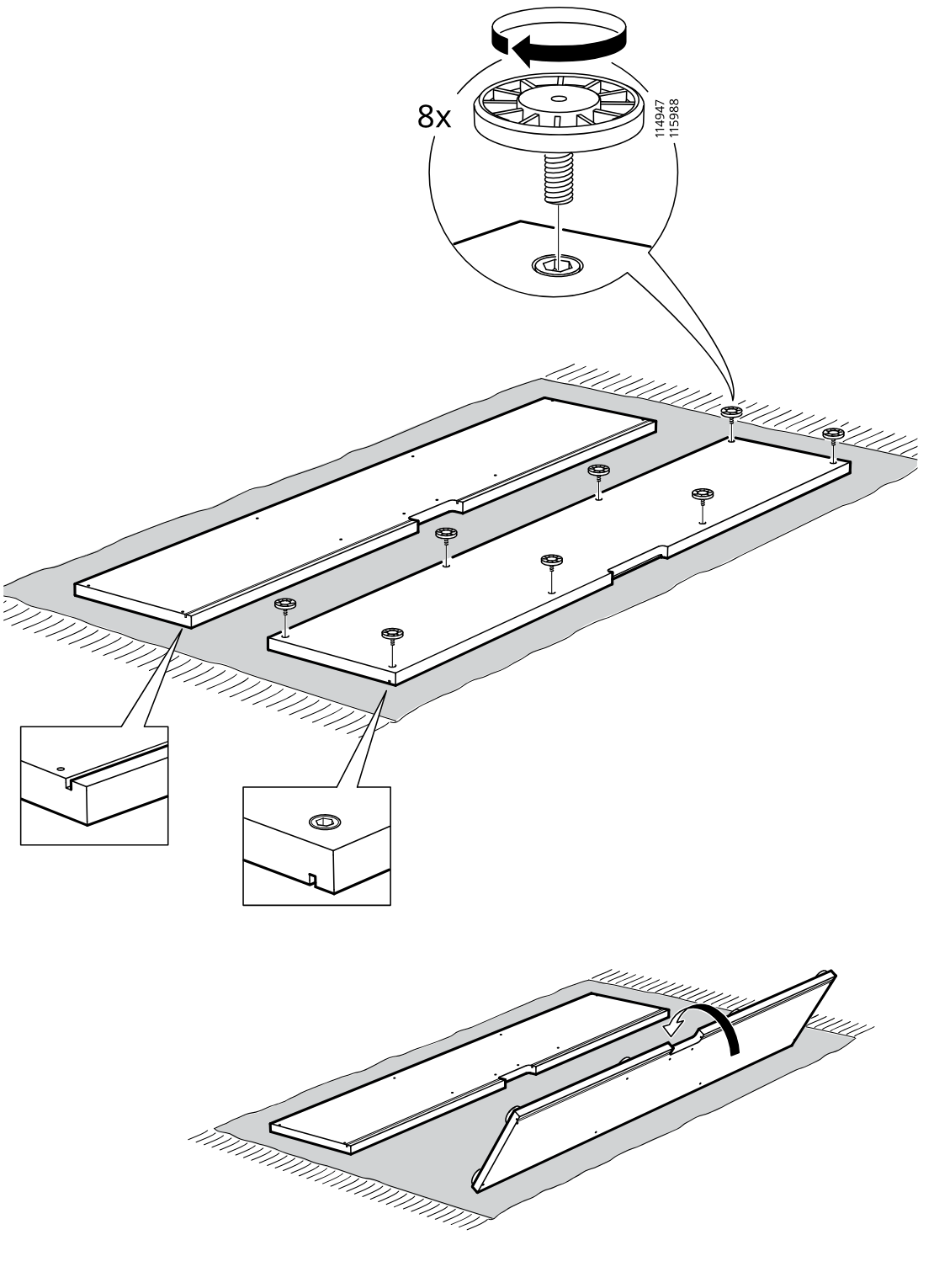 Diagram for step 1: Install 8 cam fittings into the panel holes, check the panel edge orientations in the two zoom callouts, then fold one long side panel upward along the base.