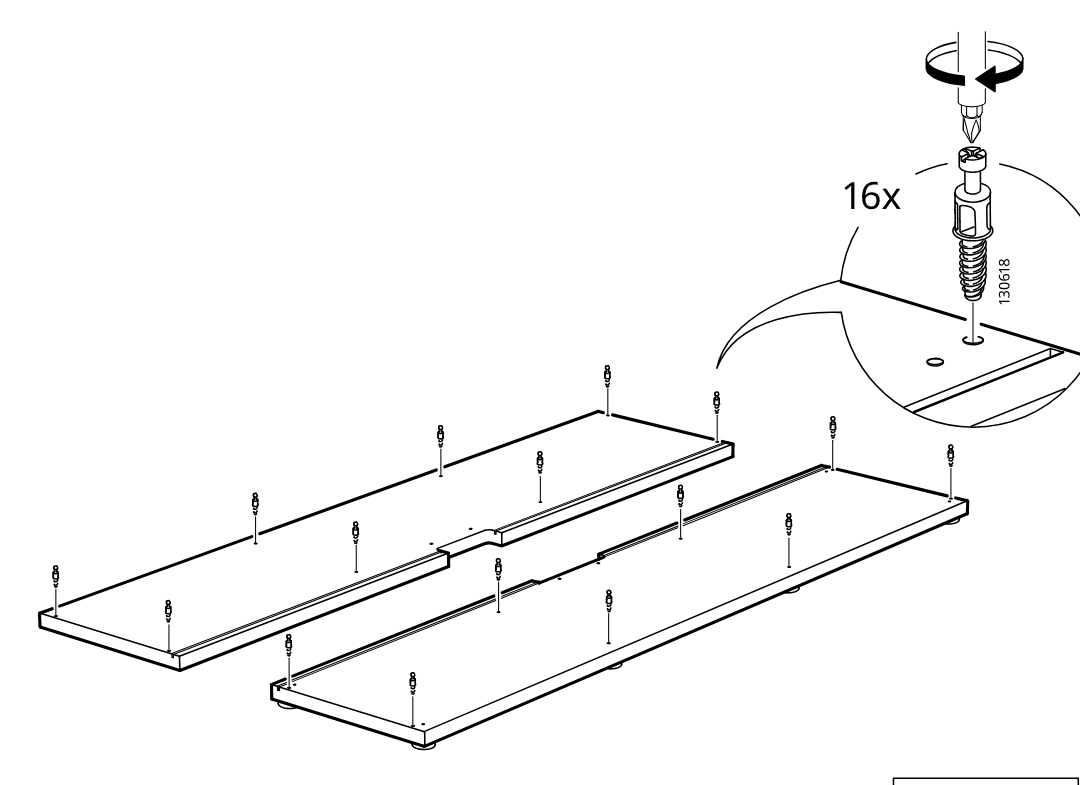 Diagram for step 2: Sixteen cam screws are twisted into the predrilled holes of the two long base panels, with a zoom inset showing the screw orientation and installation.