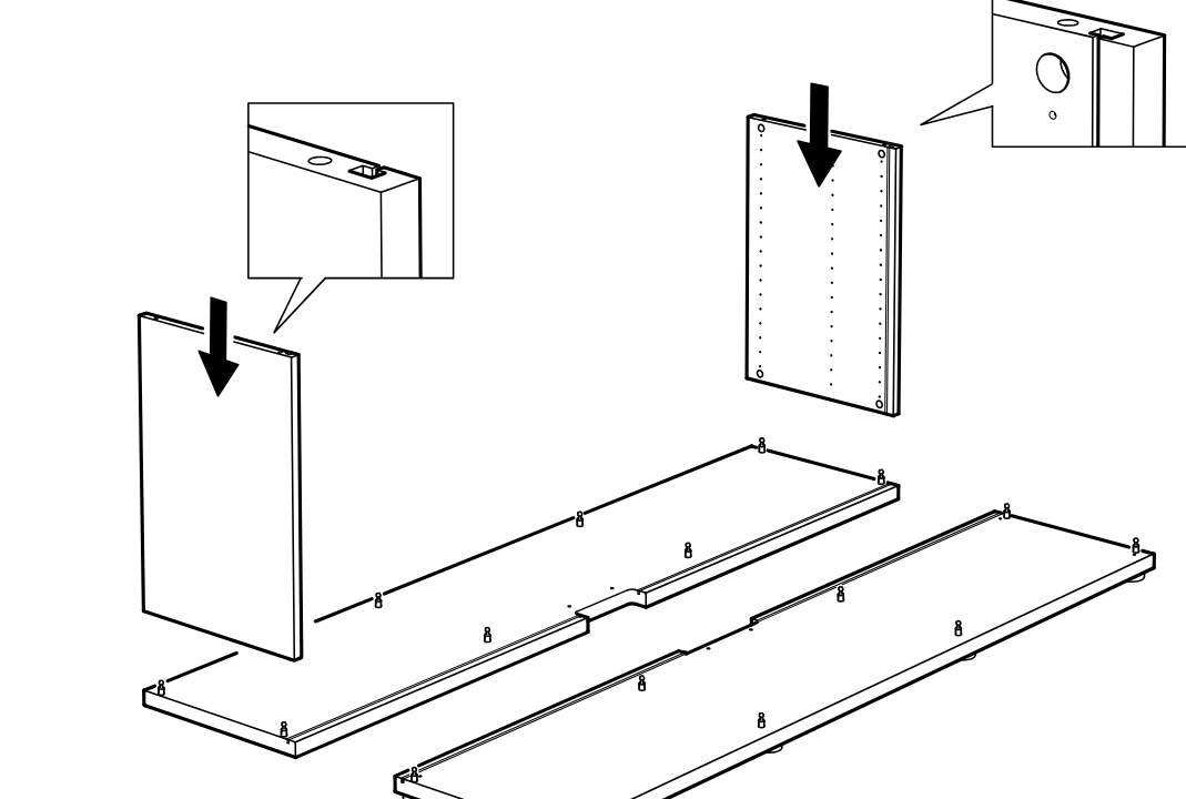 Diagram for step 3: Two side panels are lowered onto the installed connectors on the two long base panels, with zoom callouts showing the correct top-edge orientation of each side panel.